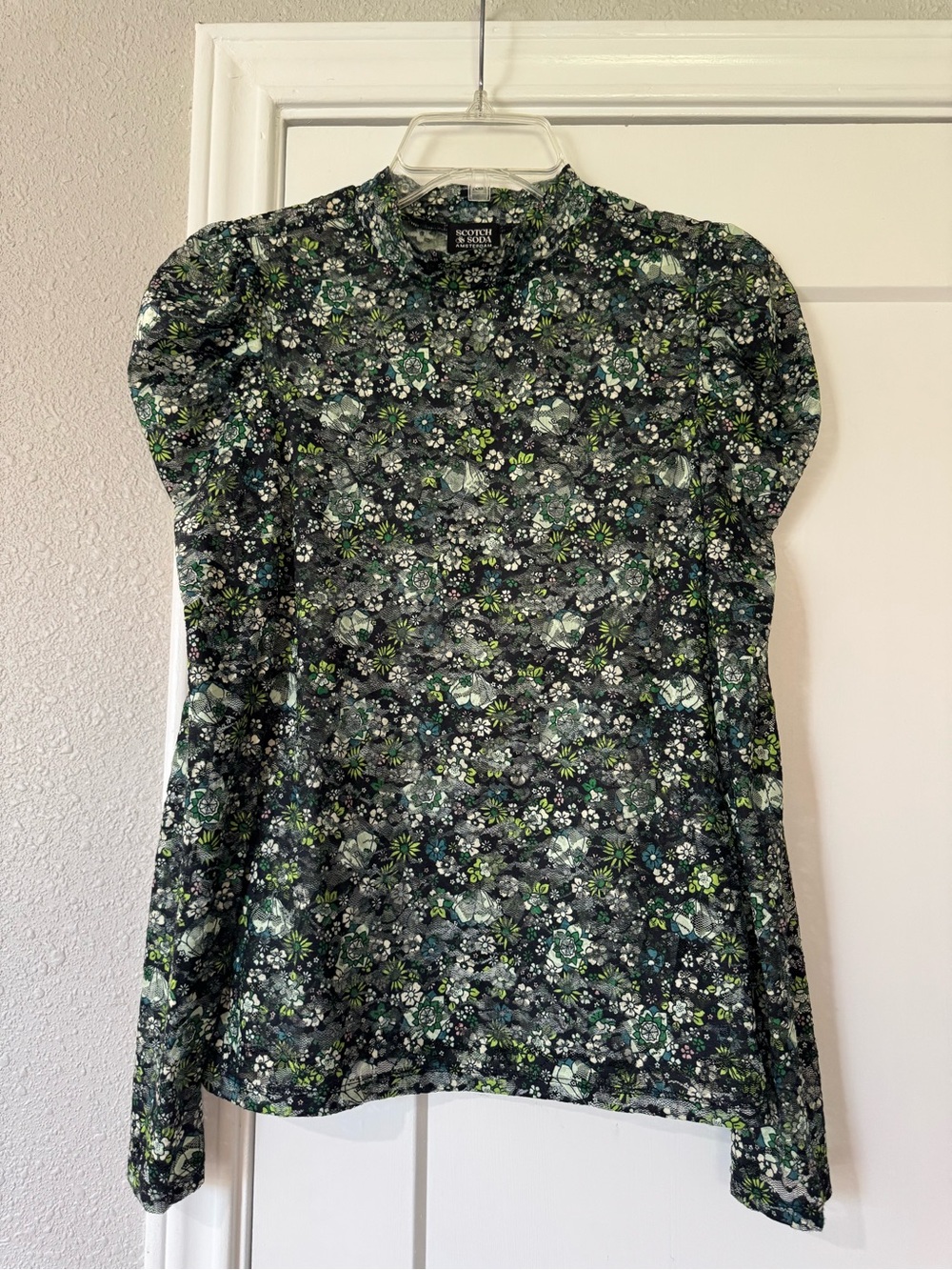 Scotch & Soda Black Floral Puff Sleeve Blouse with Green Accents